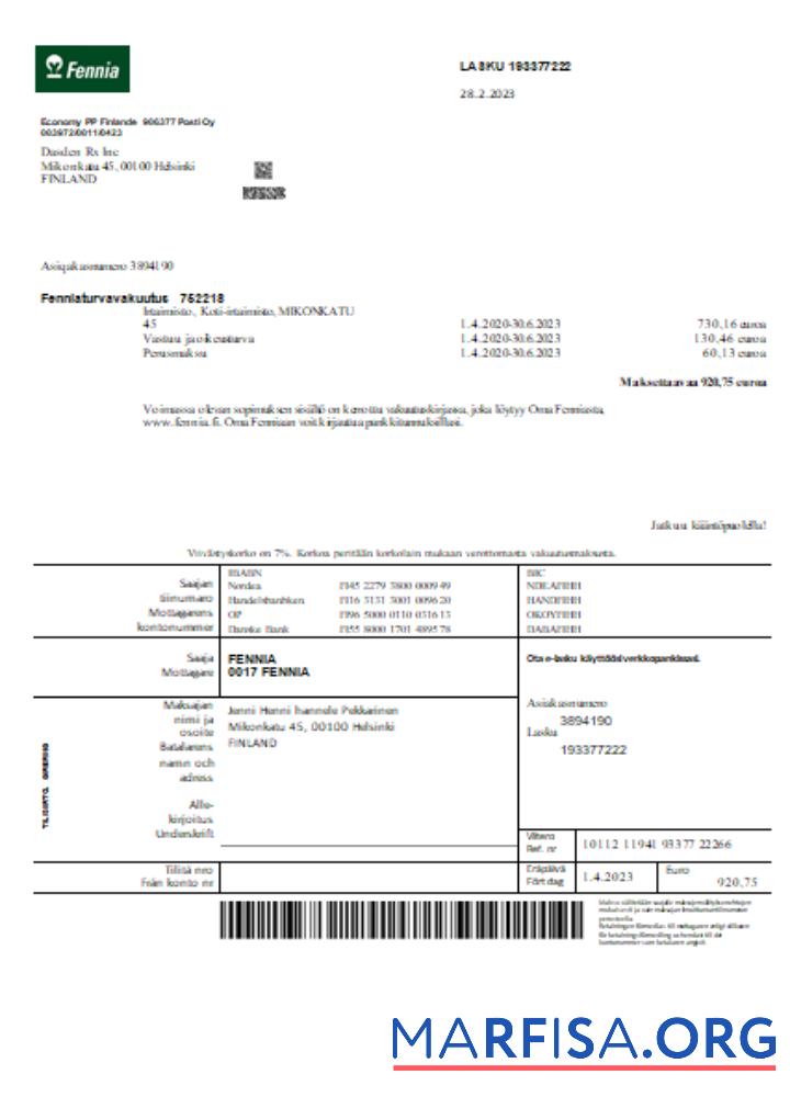 Blank Fennia Insurance company business bill, SCR example
